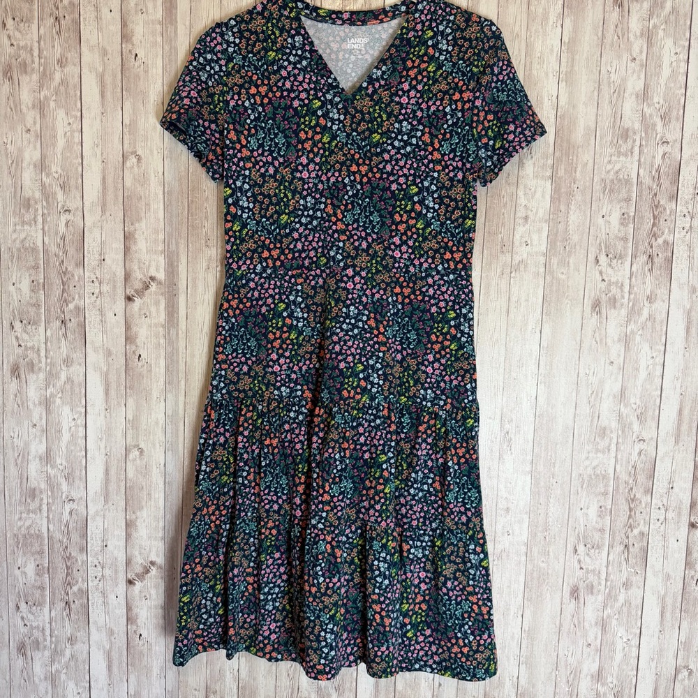 Lands' End Blue Ditsy Floral Tiered V-Neck Jersey Midi Dress Pockets XS